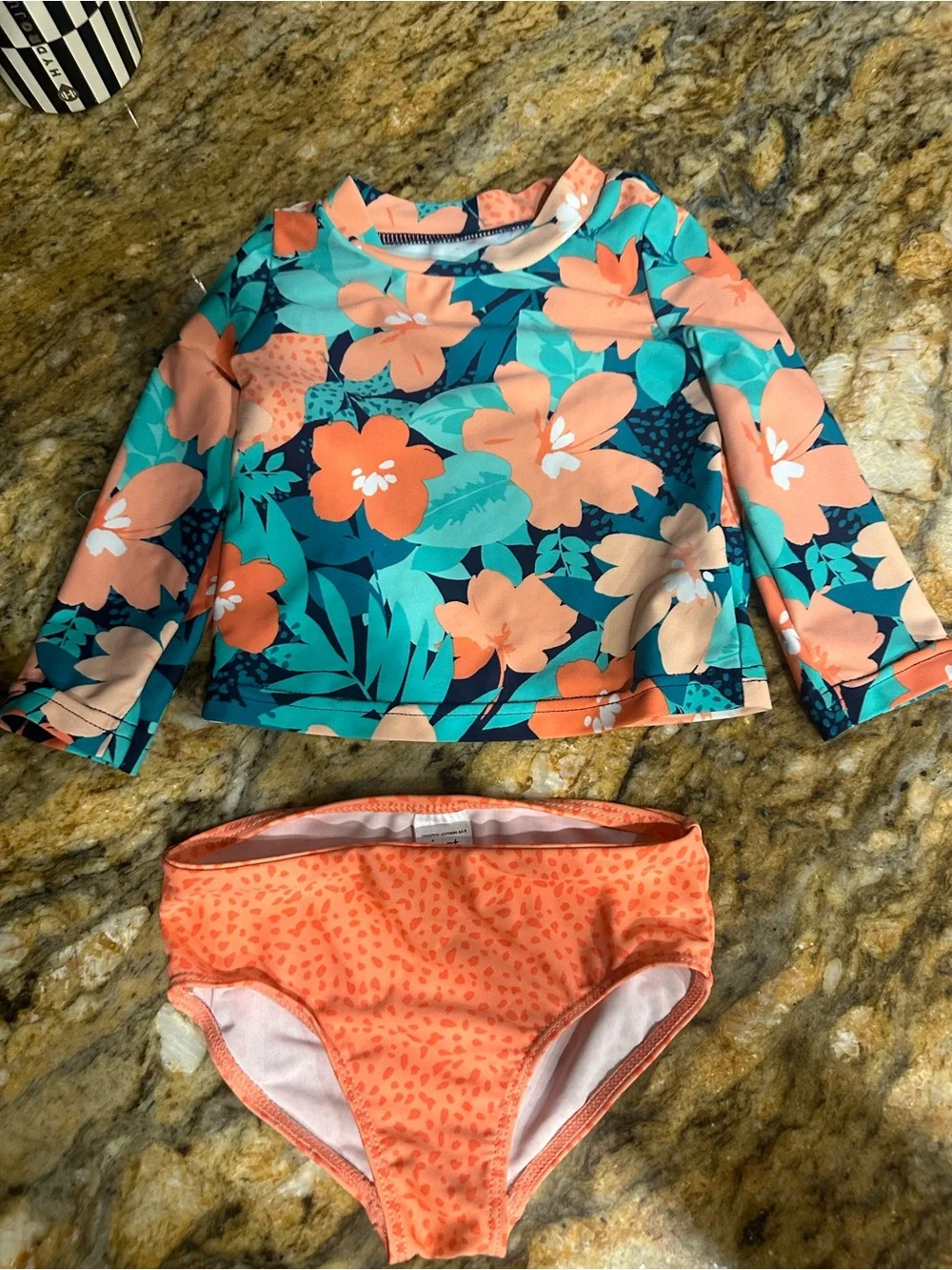 Infant Floral Long-Sleeve Rash Guard Swim Set - Coral & Teal 9 Months